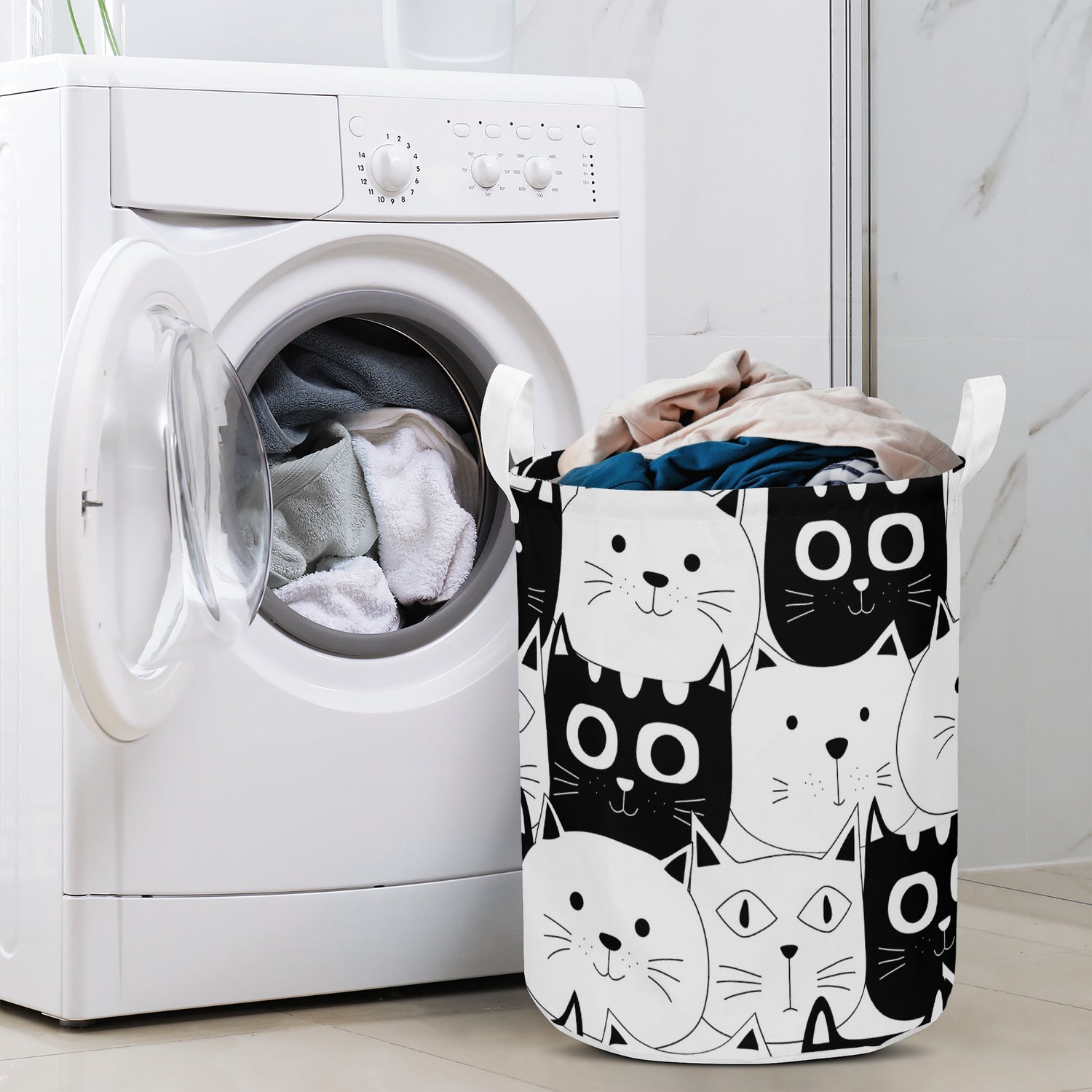 Round Laundry Basket Cats Black White