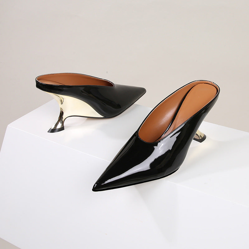 Glossy patent leather cross-border women's shoes with high heels and sloping heels slippers