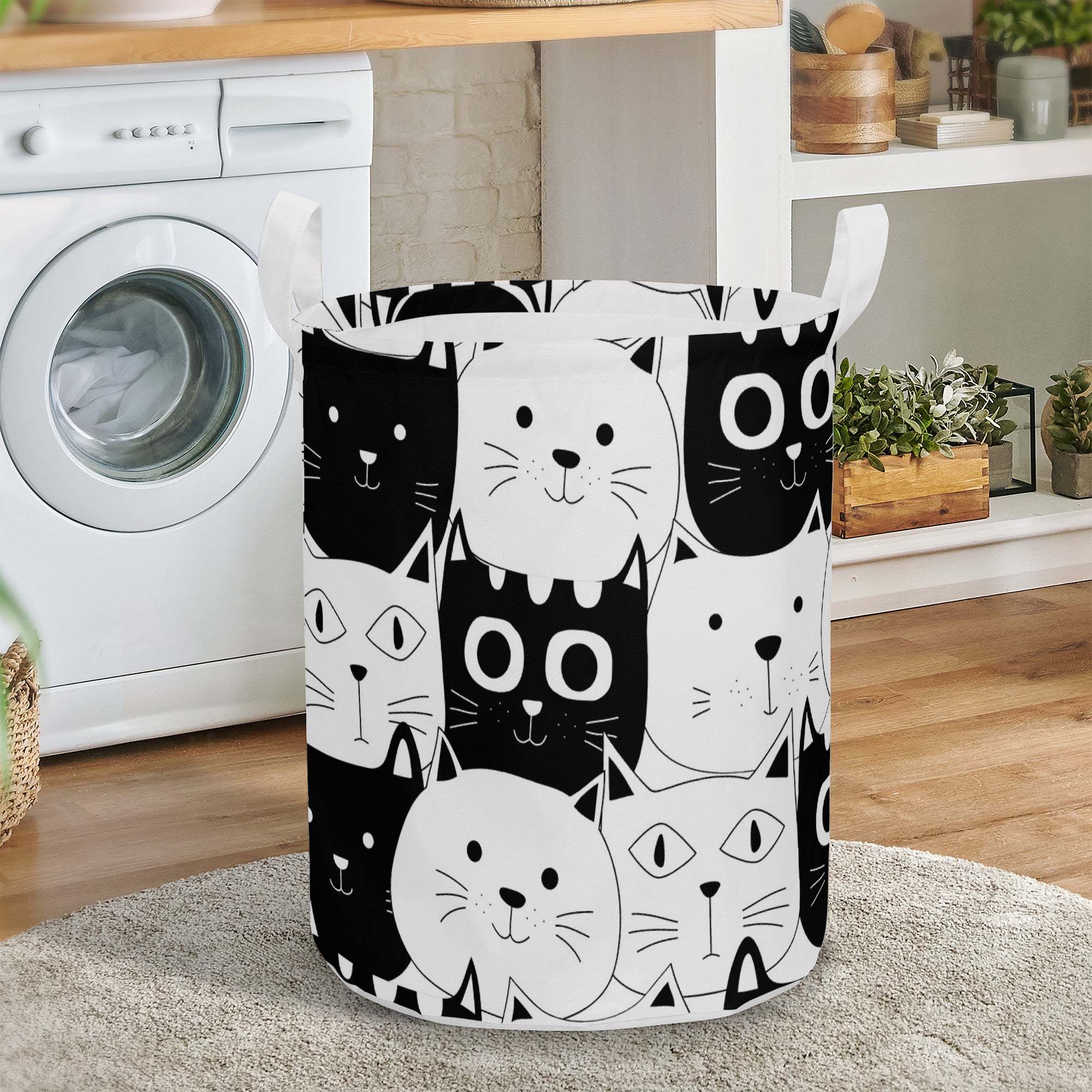 Round Laundry Basket Cats Black White