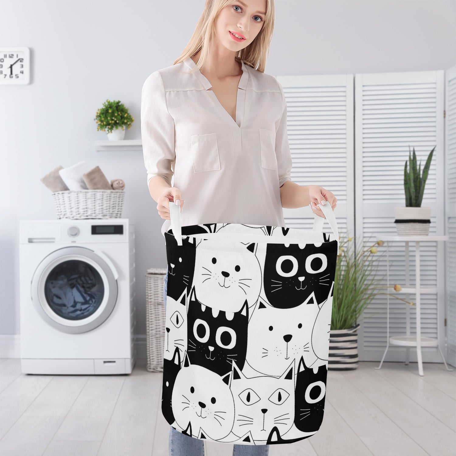 Round Laundry Basket Cats Black White