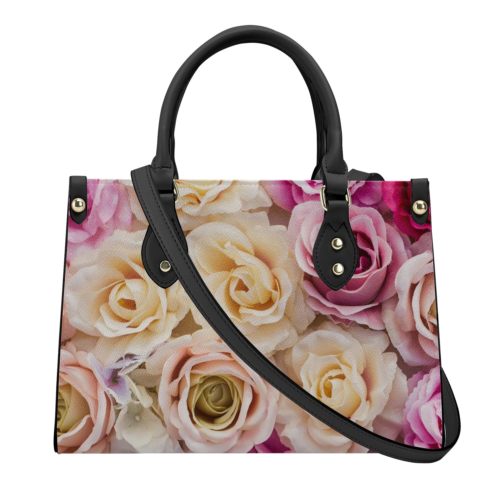 Luxury Women PU Tote Bag - Black with Roses