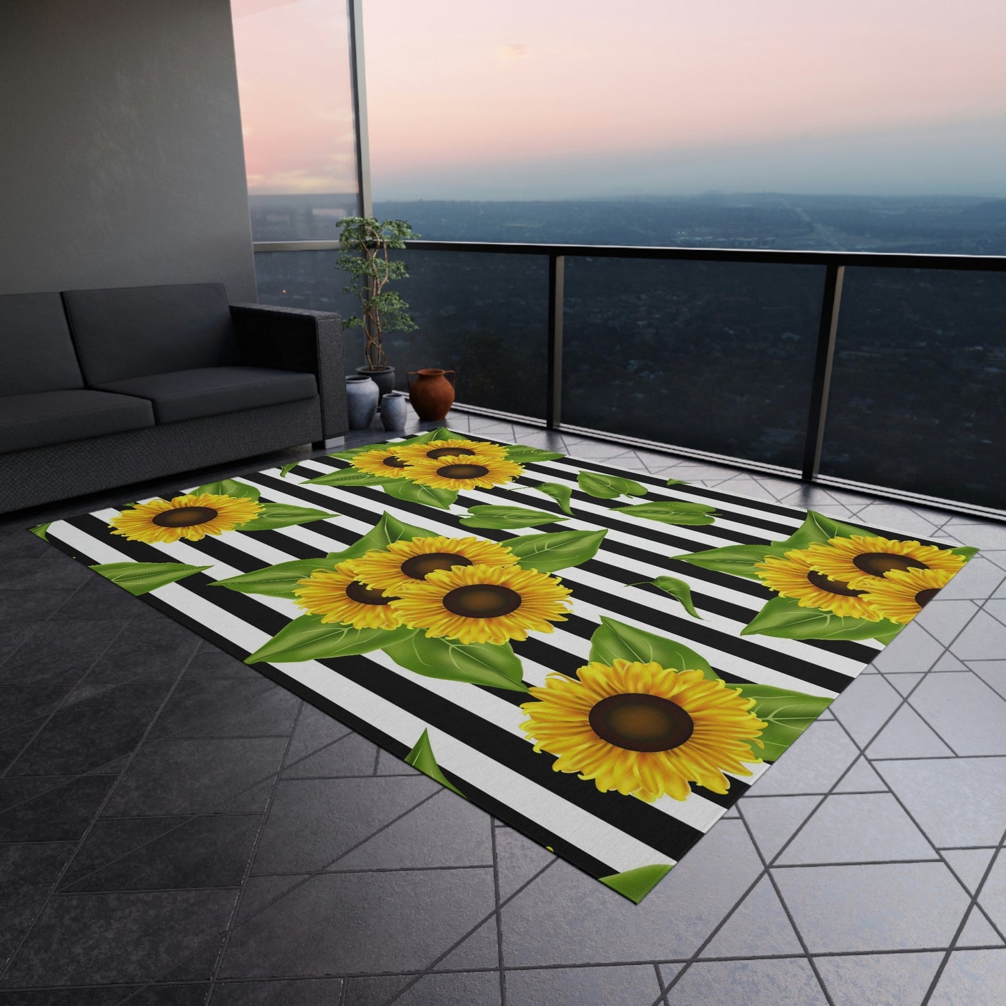 Outdoor Rug Sunflowers on black and white Home-clothes-jewelry