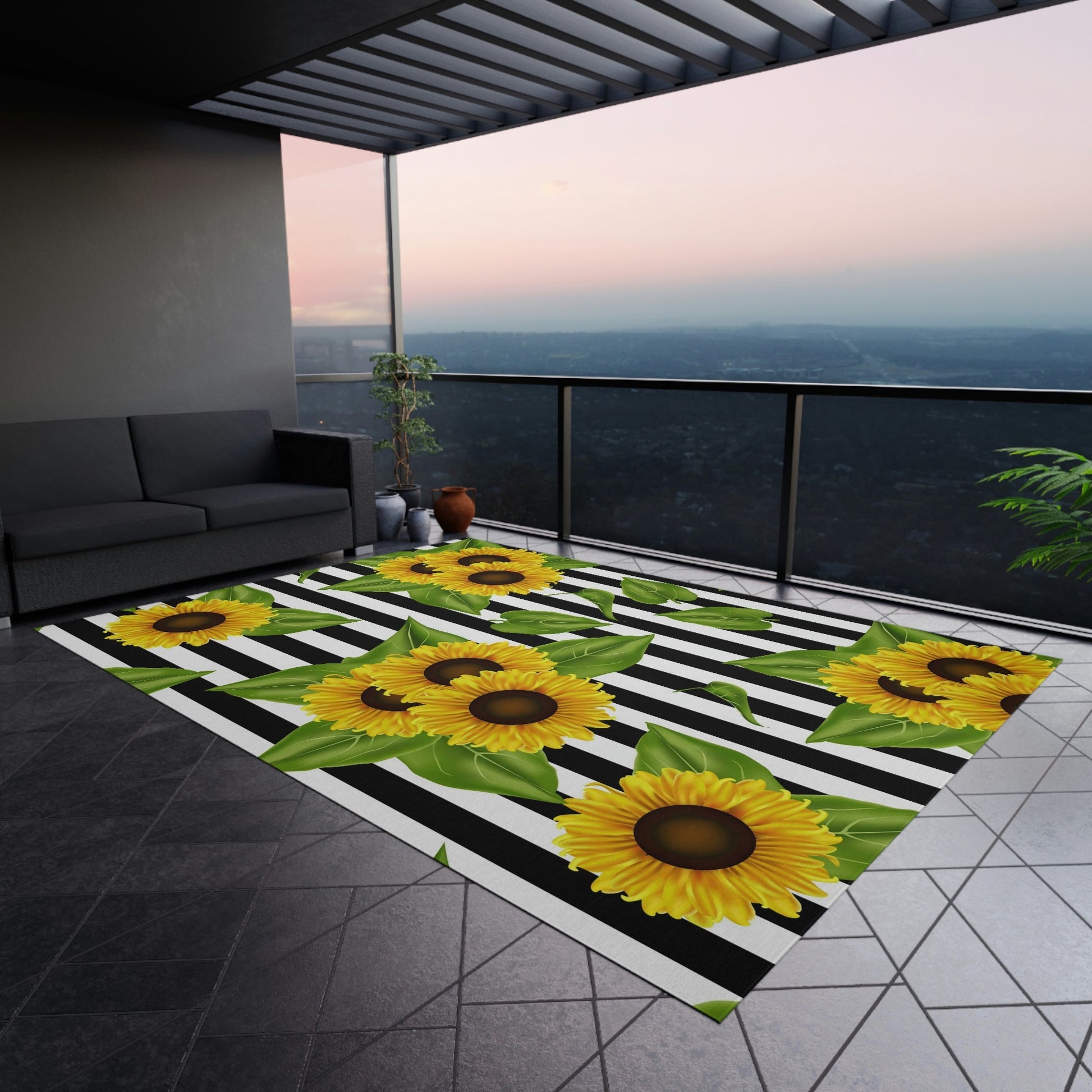 Outdoor Rug Sunflowers on black and white Home-clothes-jewelry