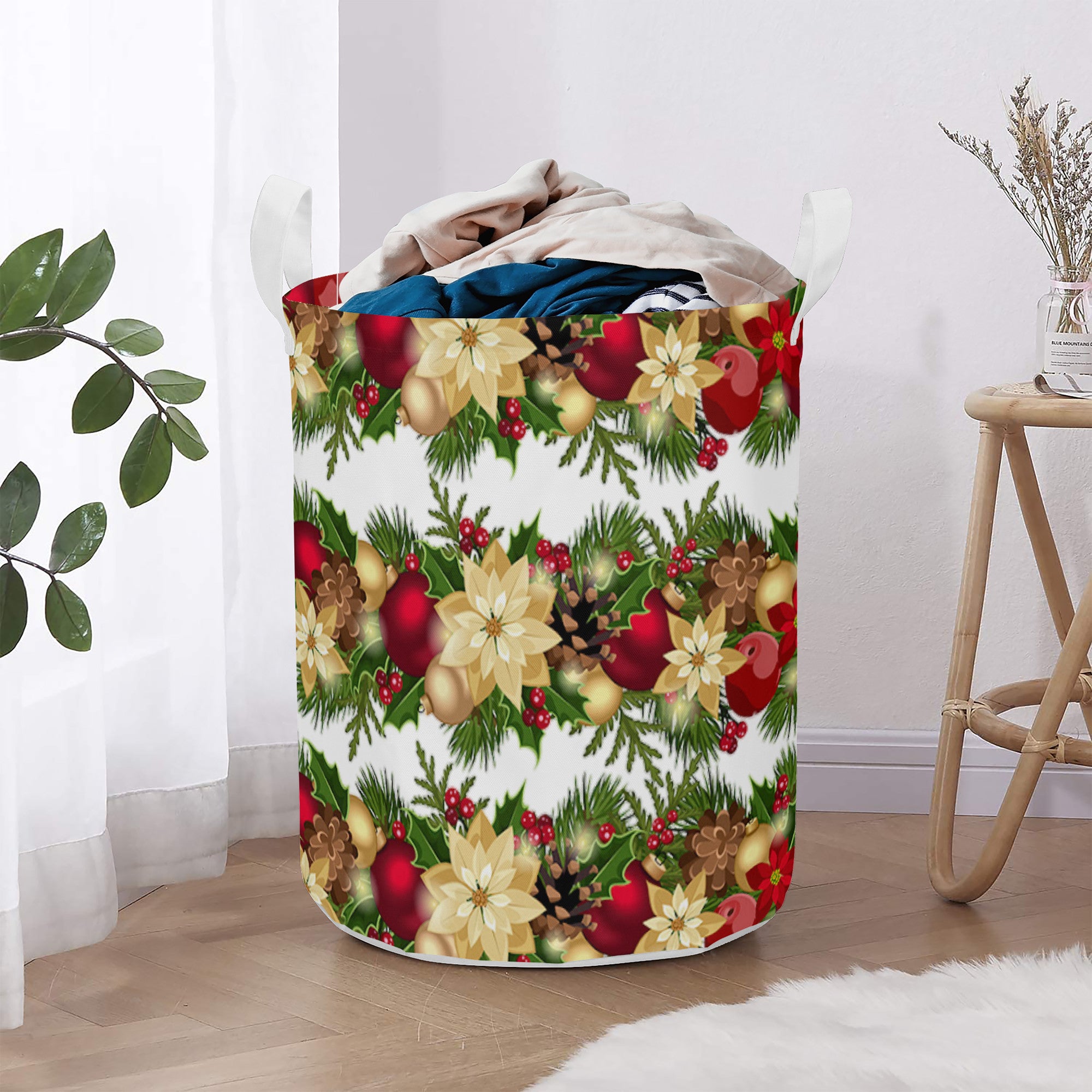 Round Laundry Basket Christmas Poinsettia Home-clothes-jewelry