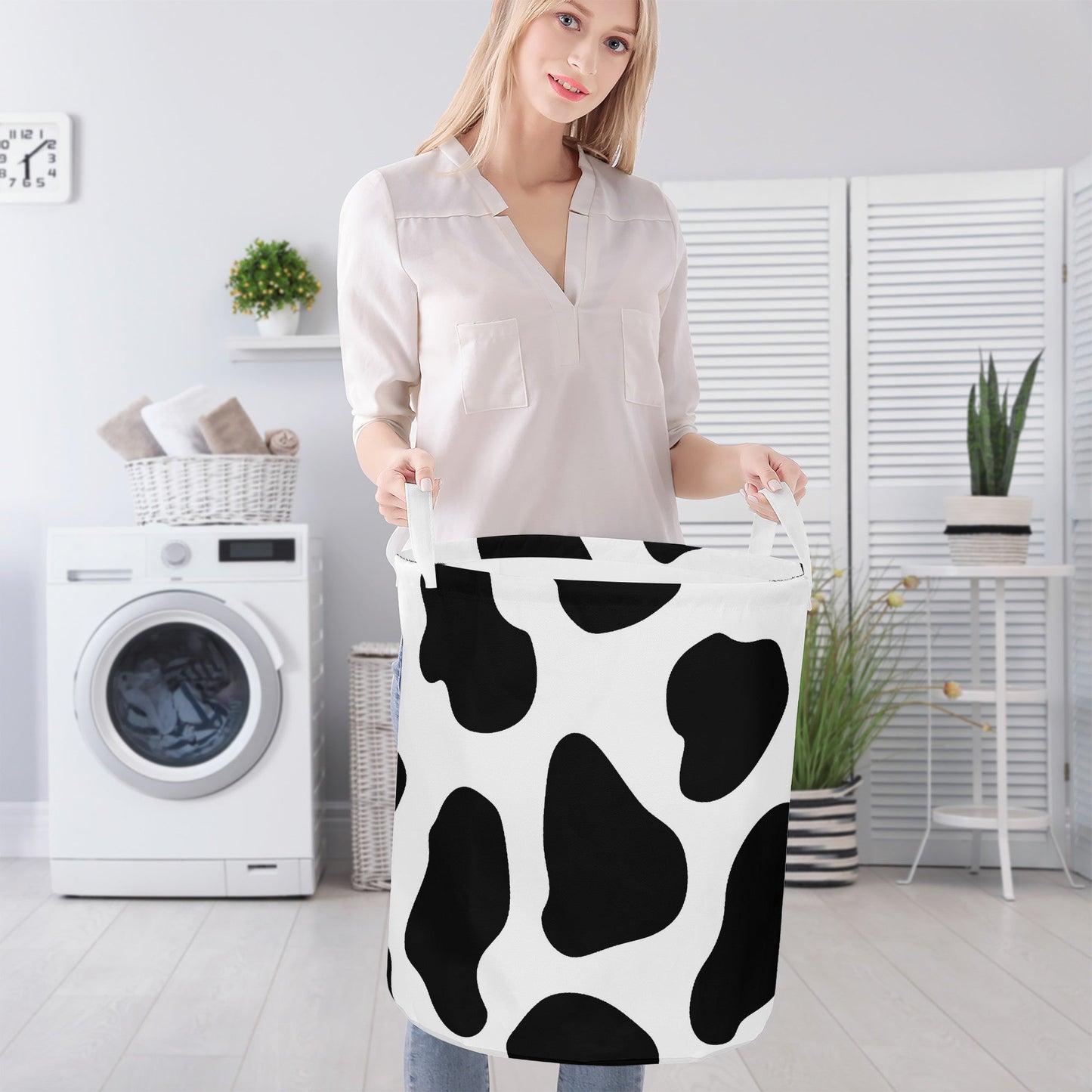 Round Laundry Basket Cow print black and white Home-clothes-jewelry