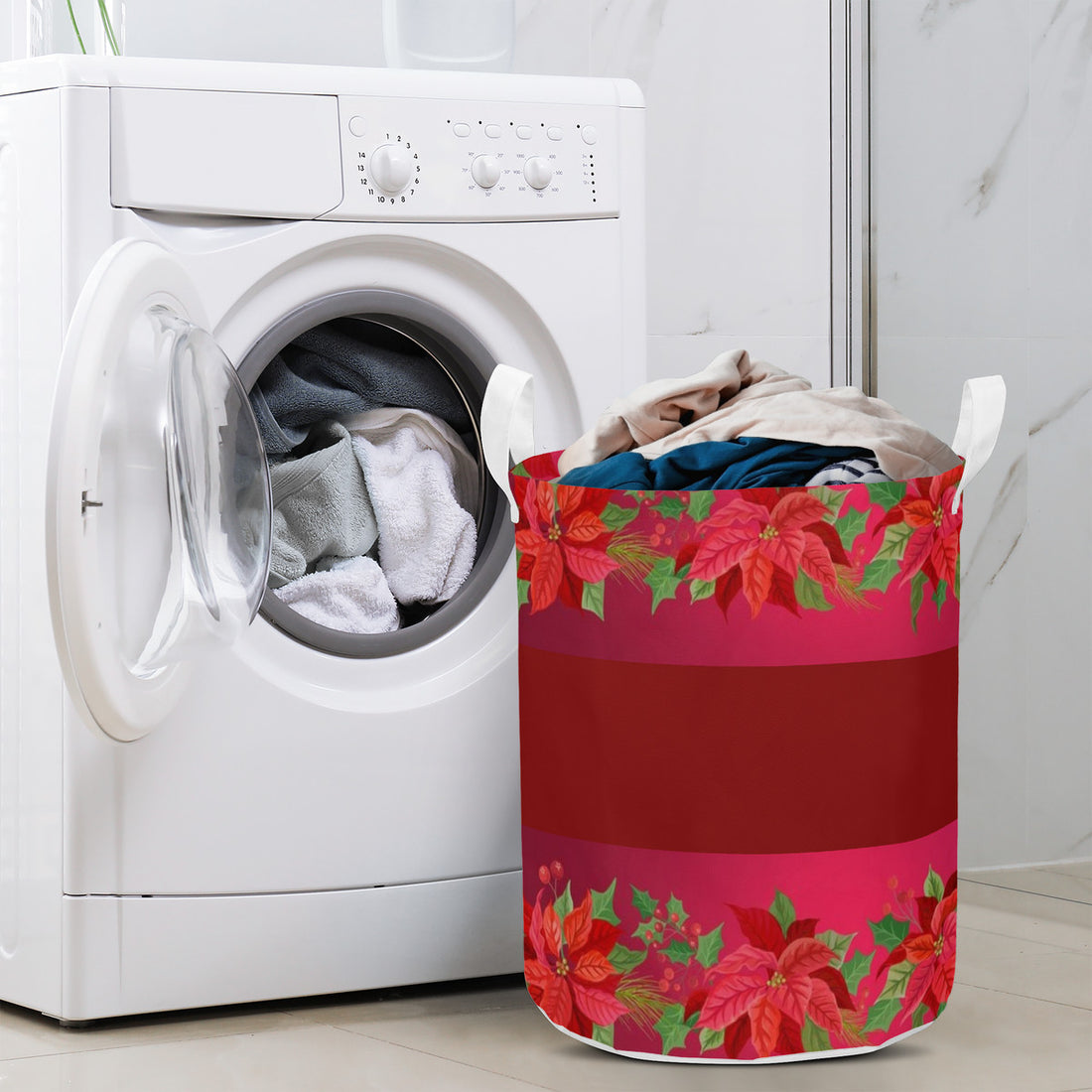 Round Laundry Basket Poinsettia Christmas Home-clothes-jewelry