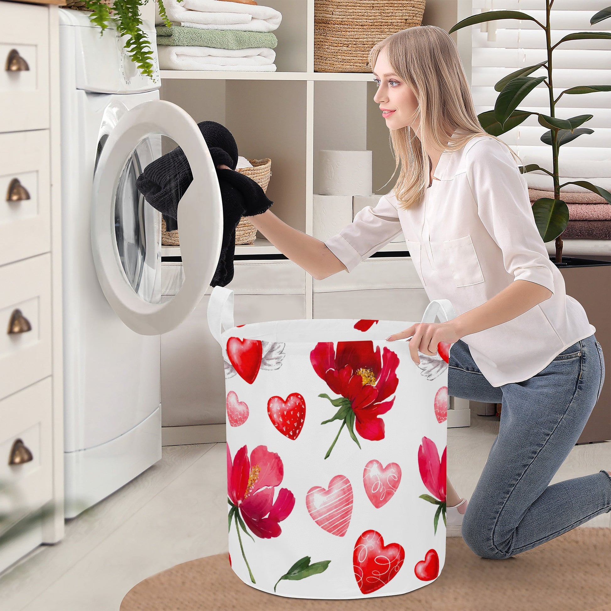 Round Laundry Basket with red hearts and roses Home-clothes-jewelry