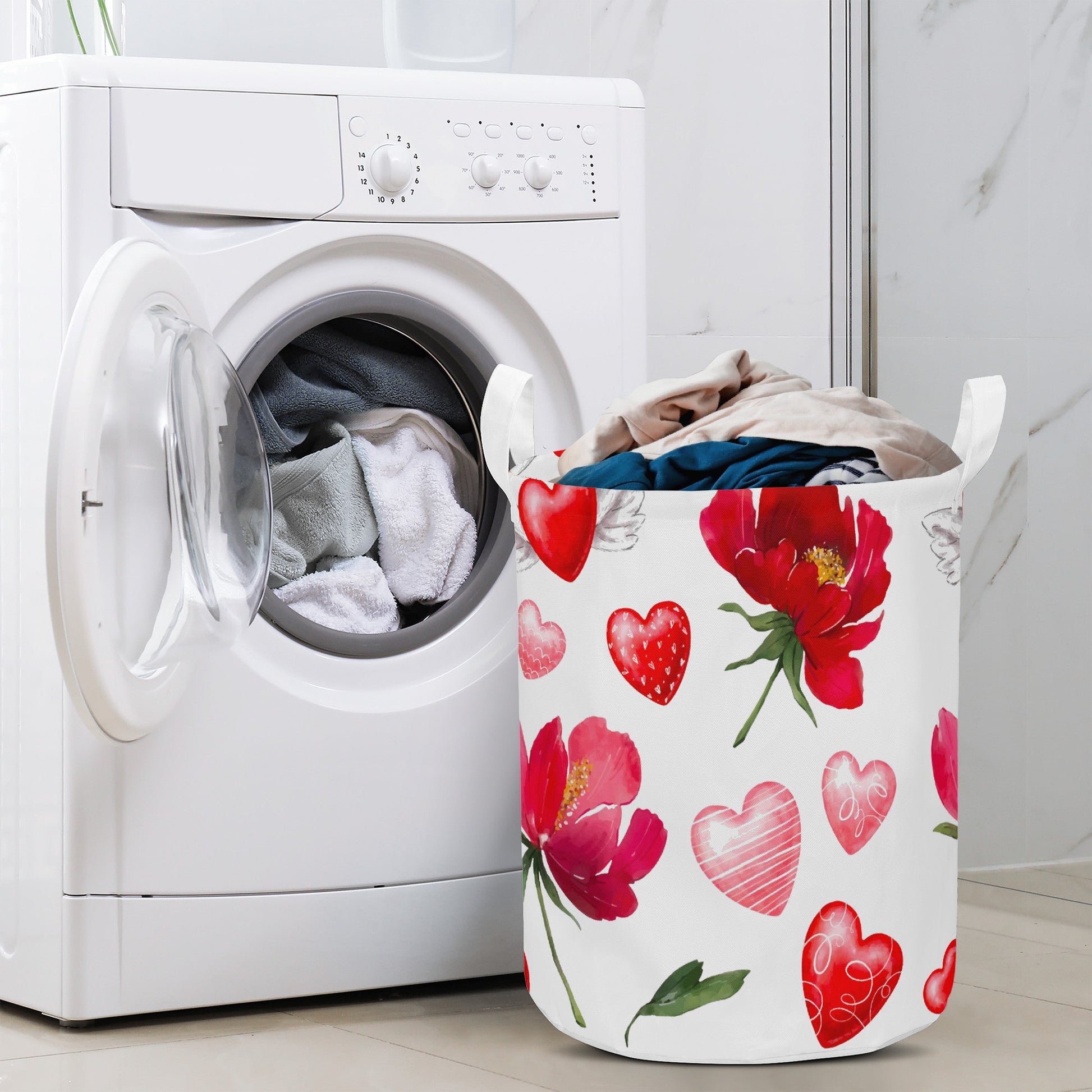 Round Laundry Basket with red hearts and roses Home-clothes-jewelry