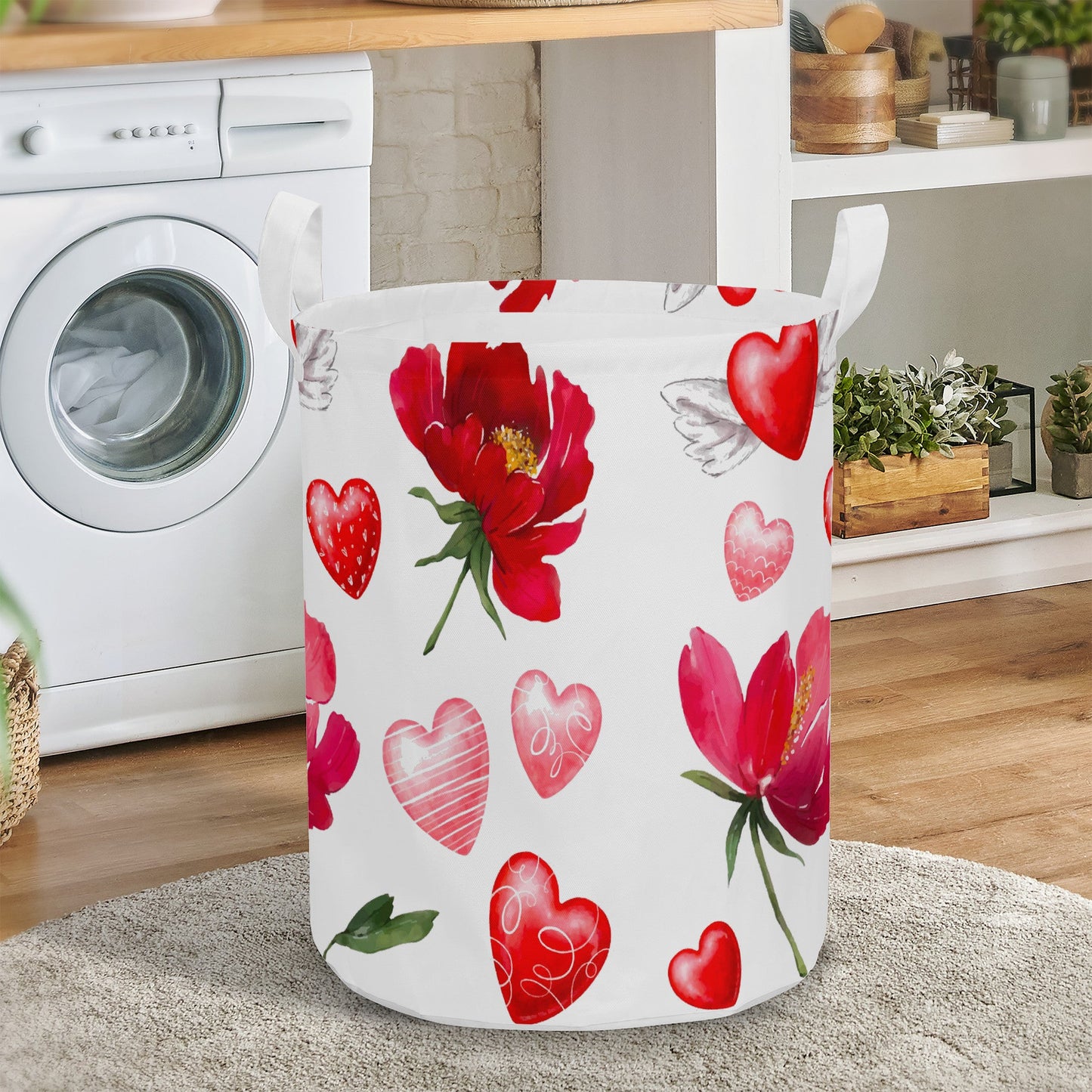 Round Laundry Basket with red hearts and roses Home-clothes-jewelry