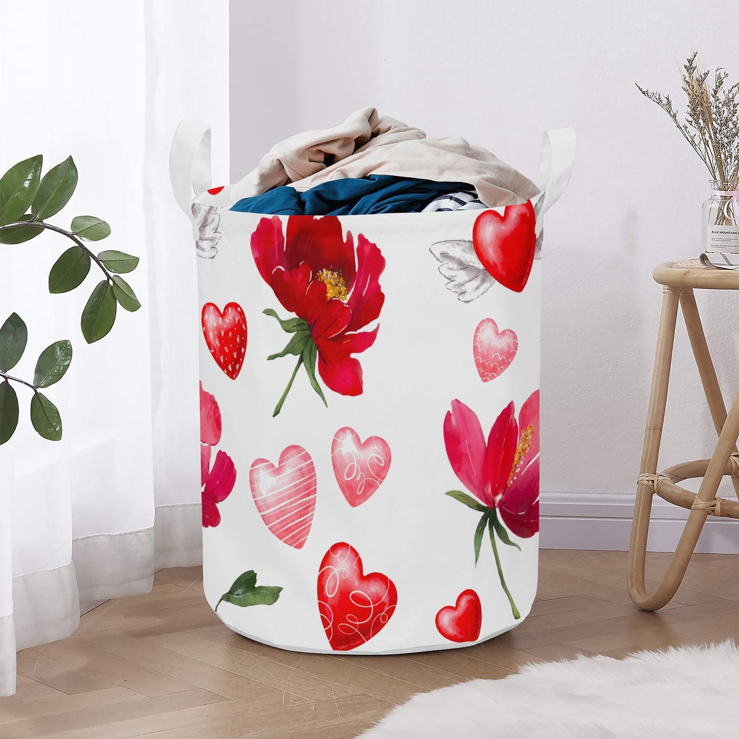 Round Laundry Basket with red hearts and roses Home-clothes-jewelry