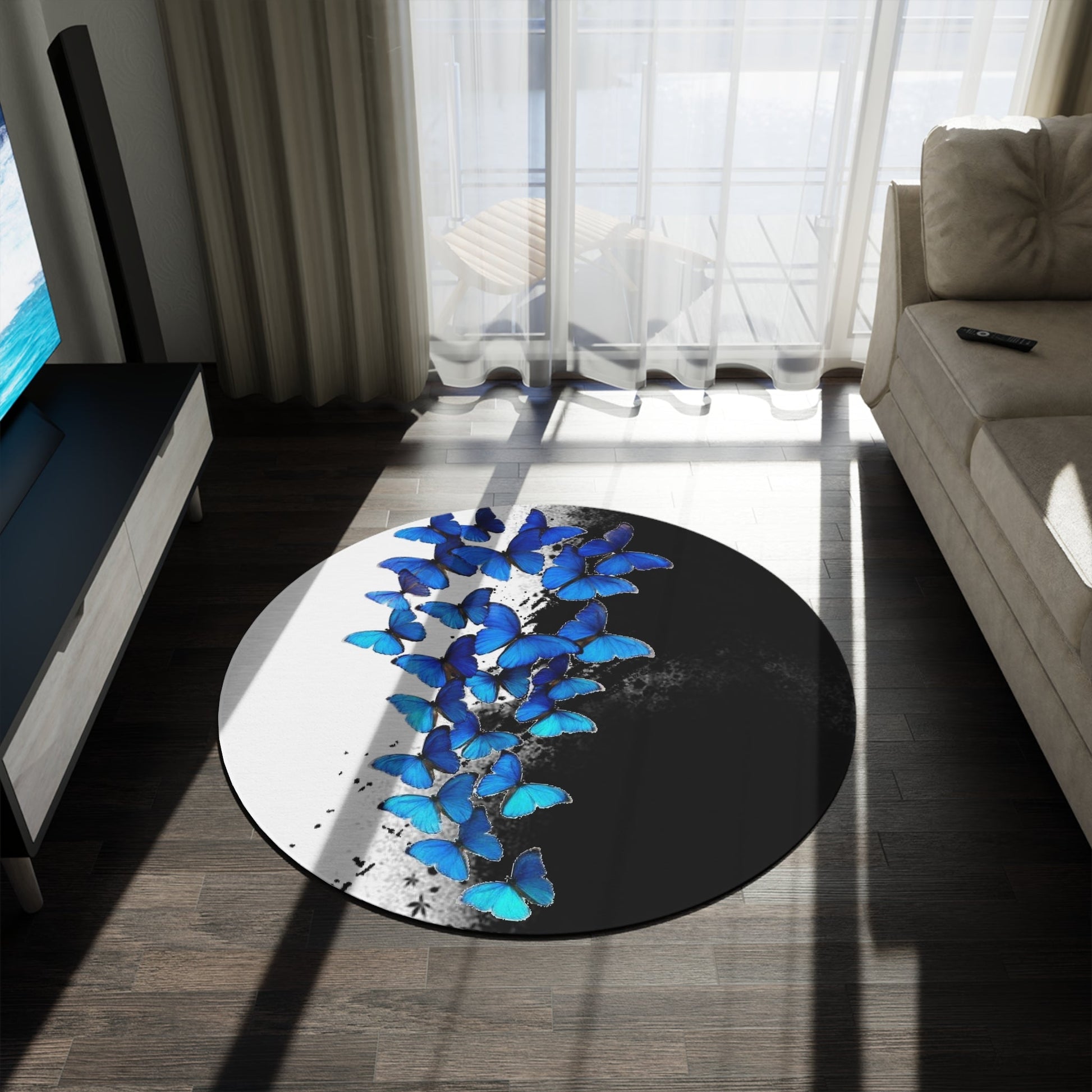 Round Rug Blue Butterflies on Black and White abstract Home-clothes-jewelry