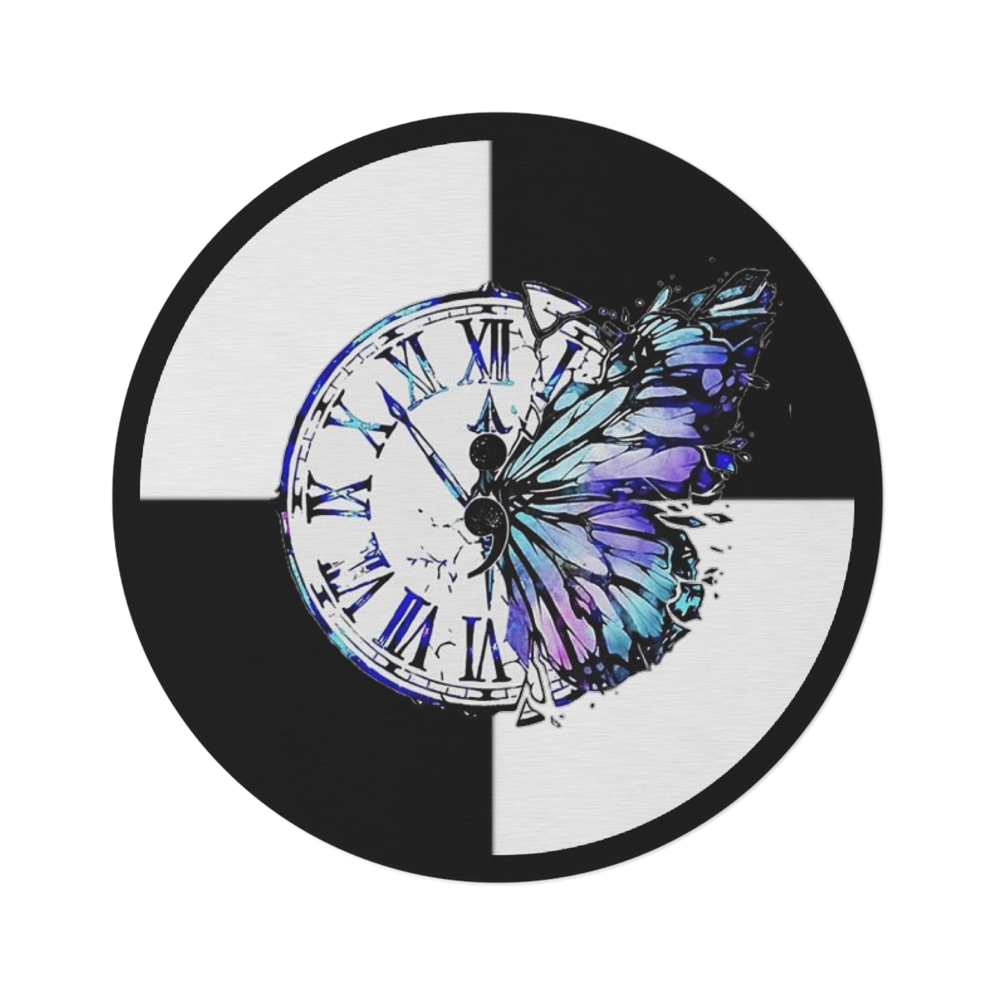 Round Rug Clock with Butterfly on black and white Home-clothes-jewelry