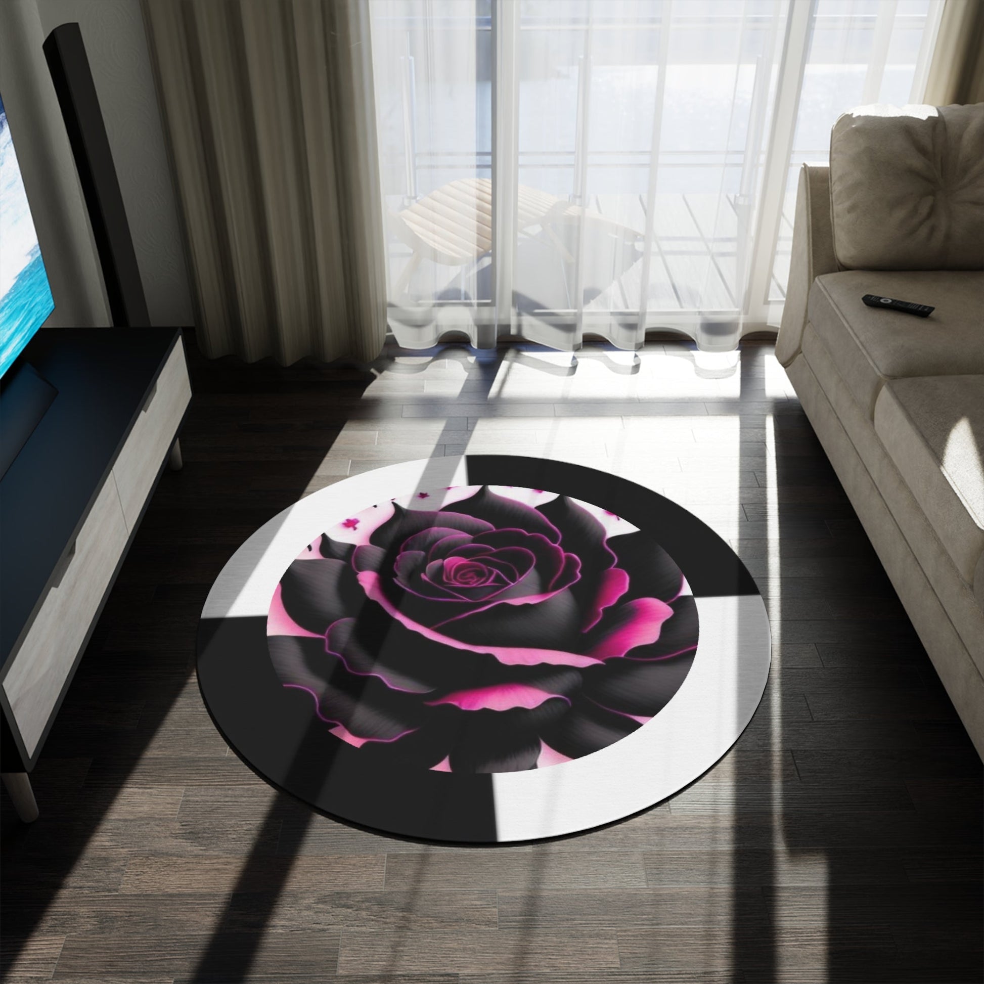 Round Rug Pink Rose on black and white Home-clothes-jewelry