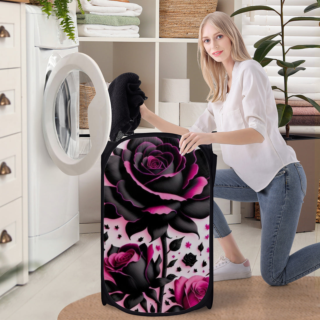 SF_D99 Laundry Hampers Black with purple roses Home-clothes-jewelry