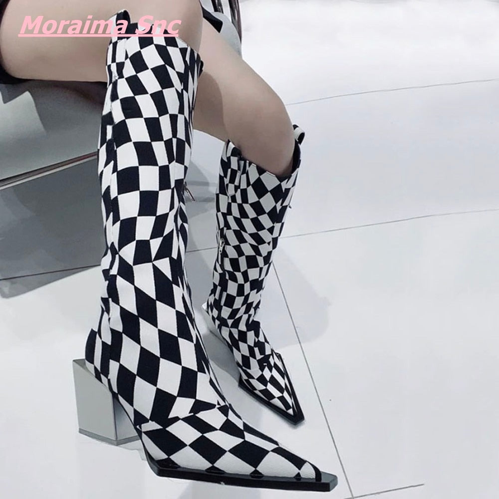 Step into Style: Chic Black and White Checkerboard Knight Boots for Fall Fashionistas Home-clothes-jewelry