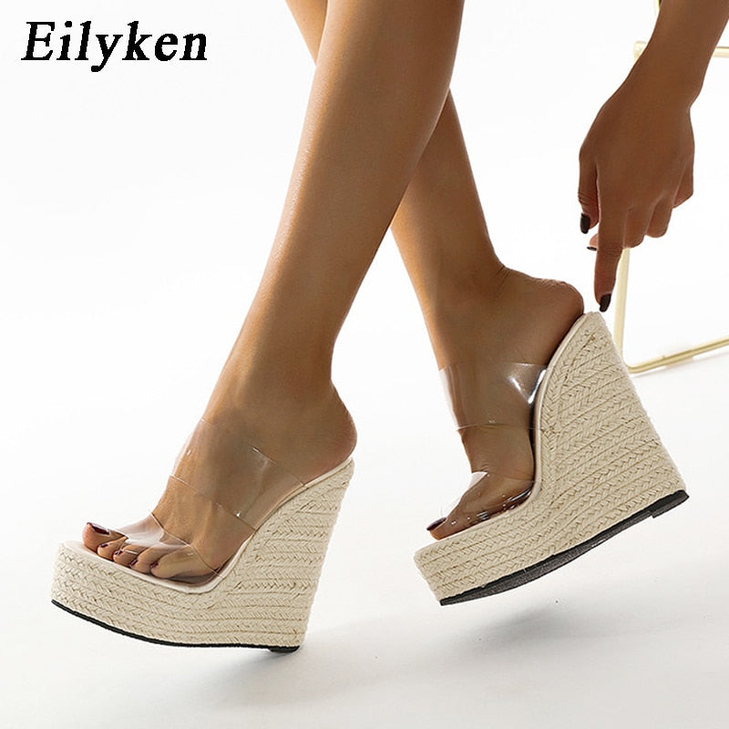 Summer PVC Transparent Peep Toe Cane Straw Weave Platform Wedges Slippers Sandals Women Fashion High Heels Female Shoes Home-clothes-jewelry