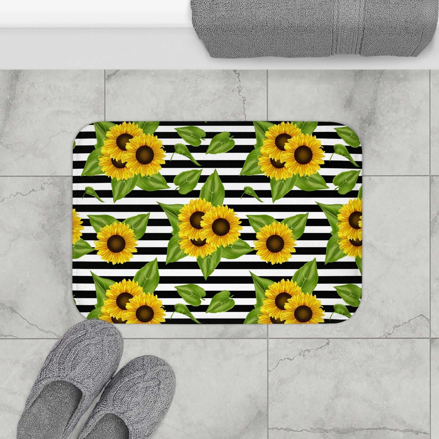 Sunny Splendor: Bath Mat Sunflowers Bring Cheer to Black and White Spaces Home-clothes-jewelry
