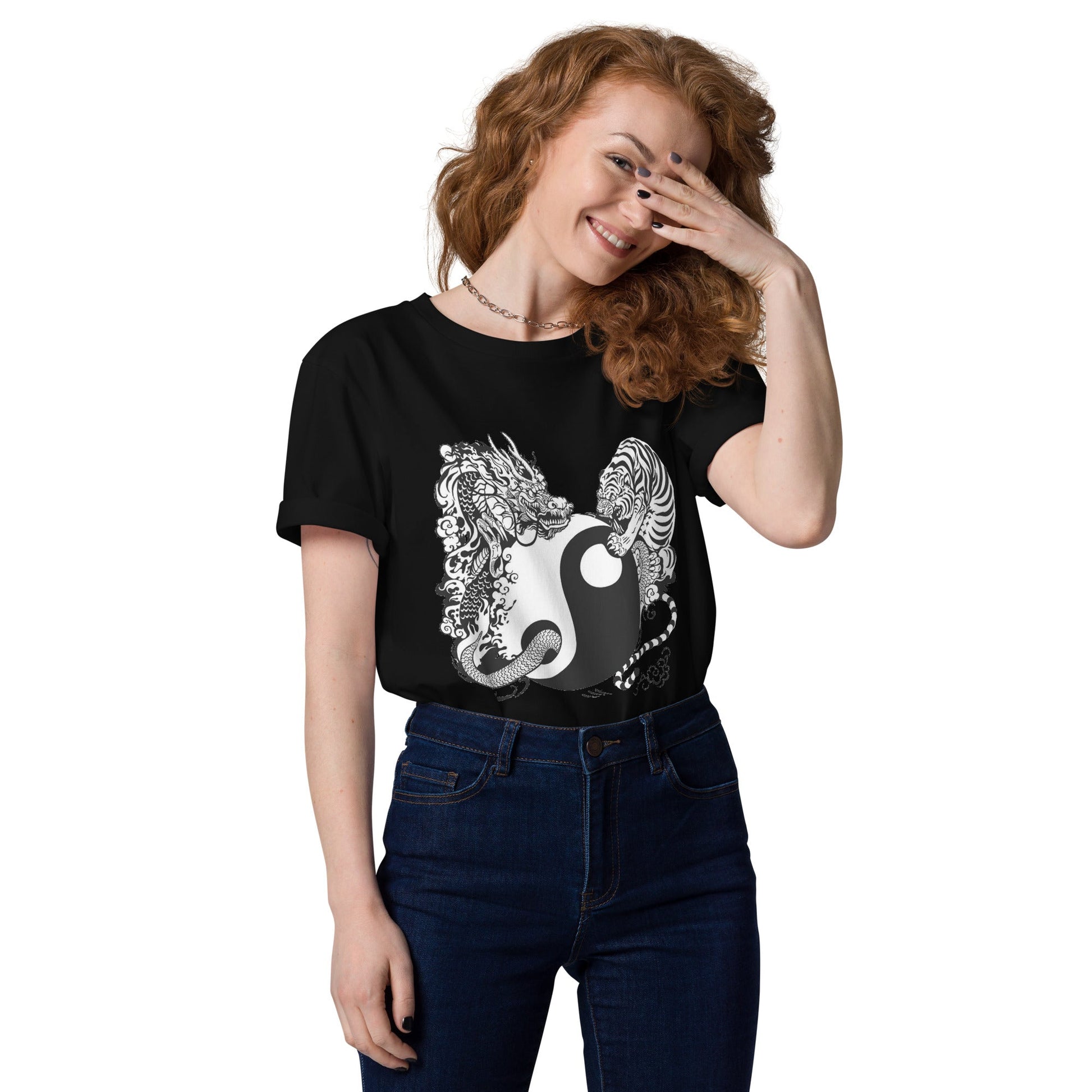 Unisex organic cotton t-shirt Tiger and Dragon black and white Home-clothes-jewelry