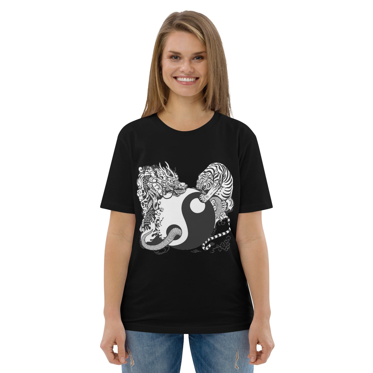 Unisex organic cotton t-shirt Tiger and Dragon black and white Home-clothes-jewelry