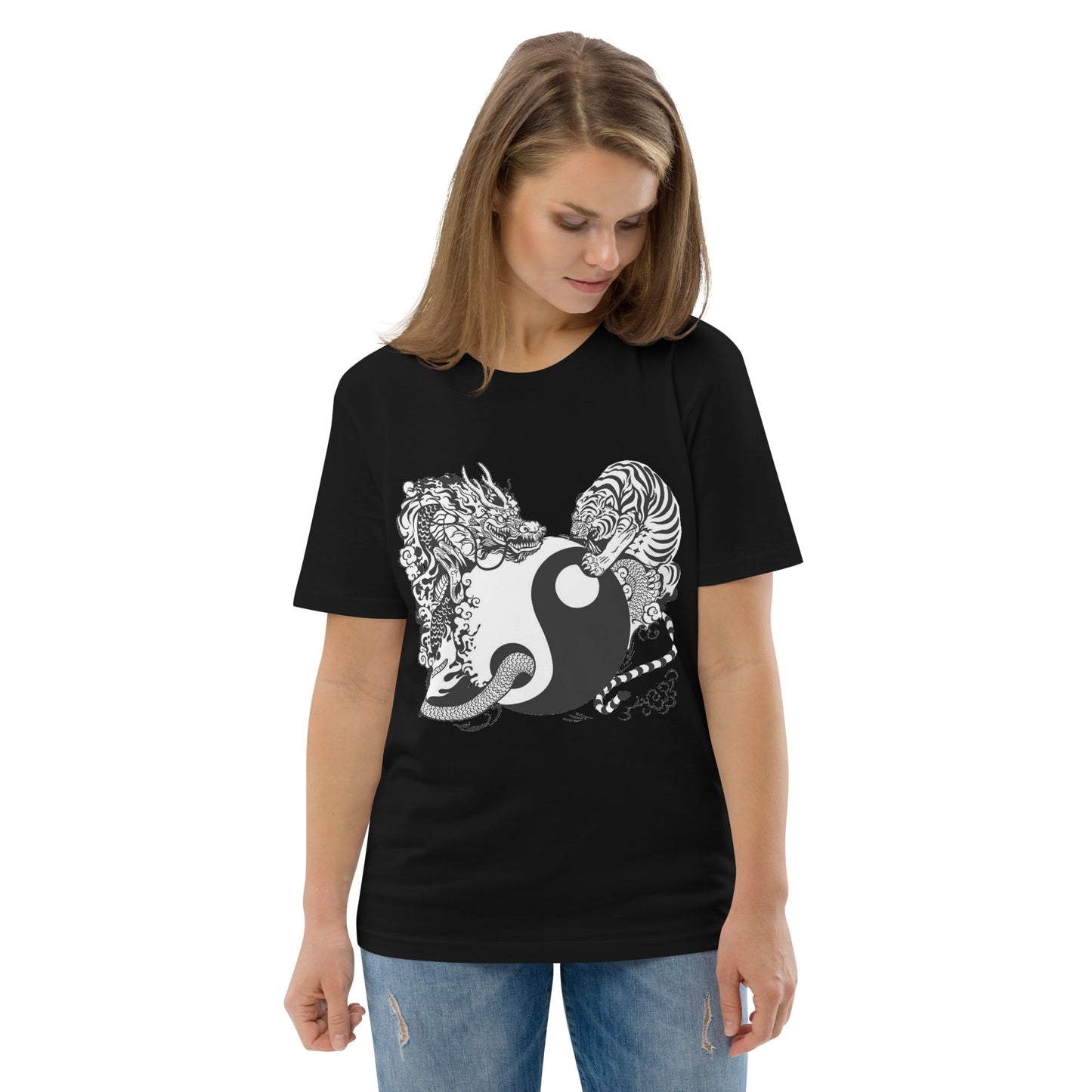 Unisex organic cotton t-shirt Tiger and Dragon black and white Home-clothes-jewelry