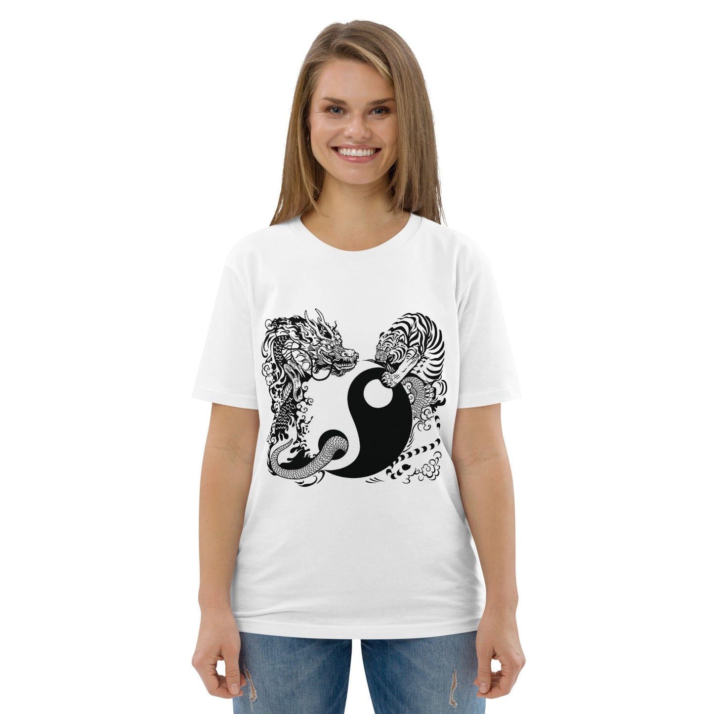 Unisex organic cotton t-shirt Tiger and Dragon black and white Home-clothes-jewelry