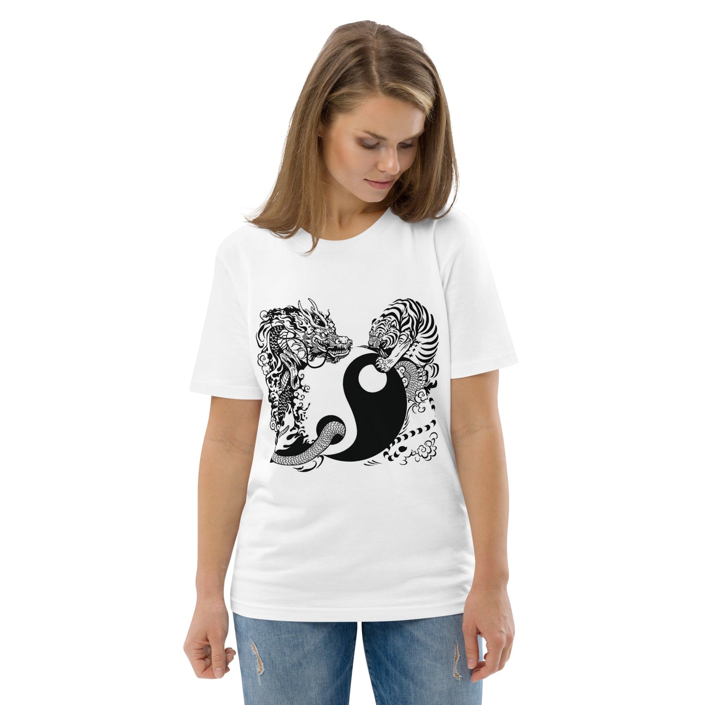 Unisex organic cotton t-shirt Tiger and Dragon black and white Home-clothes-jewelry