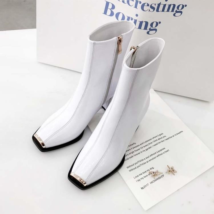 Women New Style Ankle Boots Ladies Square Toe High Heels Side Zipper Black White Thick Heel Patent Leather Winter Booties Home-clothes-jewelry