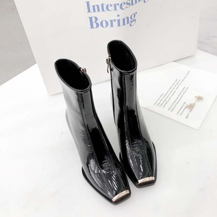 Women New Style Ankle Boots Ladies Square Toe High Heels Side Zipper Black White Thick Heel Patent Leather Winter Booties Home-clothes-jewelry