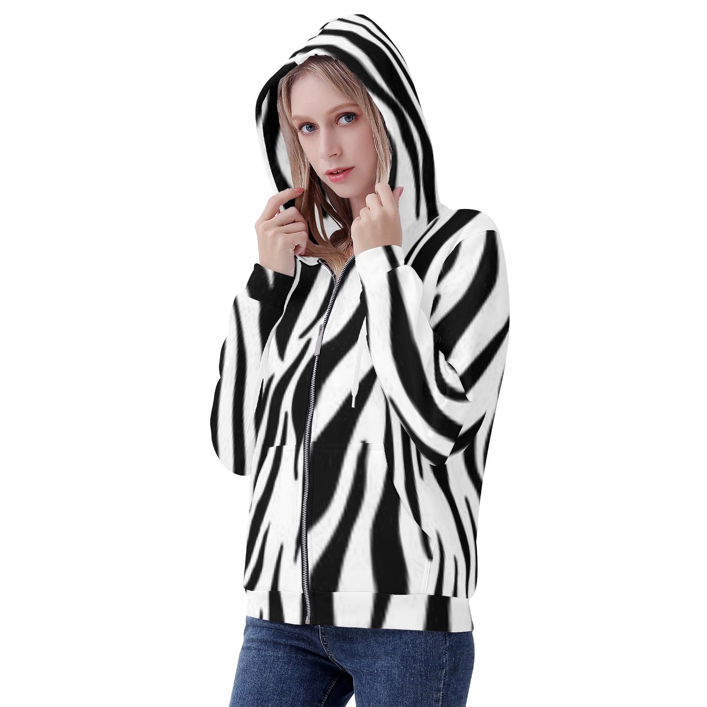 Women's All Over Print Zip Hoodie Tiger black and white Home-clothes-jewelry