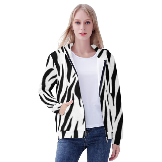 Women's All Over Print Zip Hoodie Tiger black and white Home-clothes-jewelry