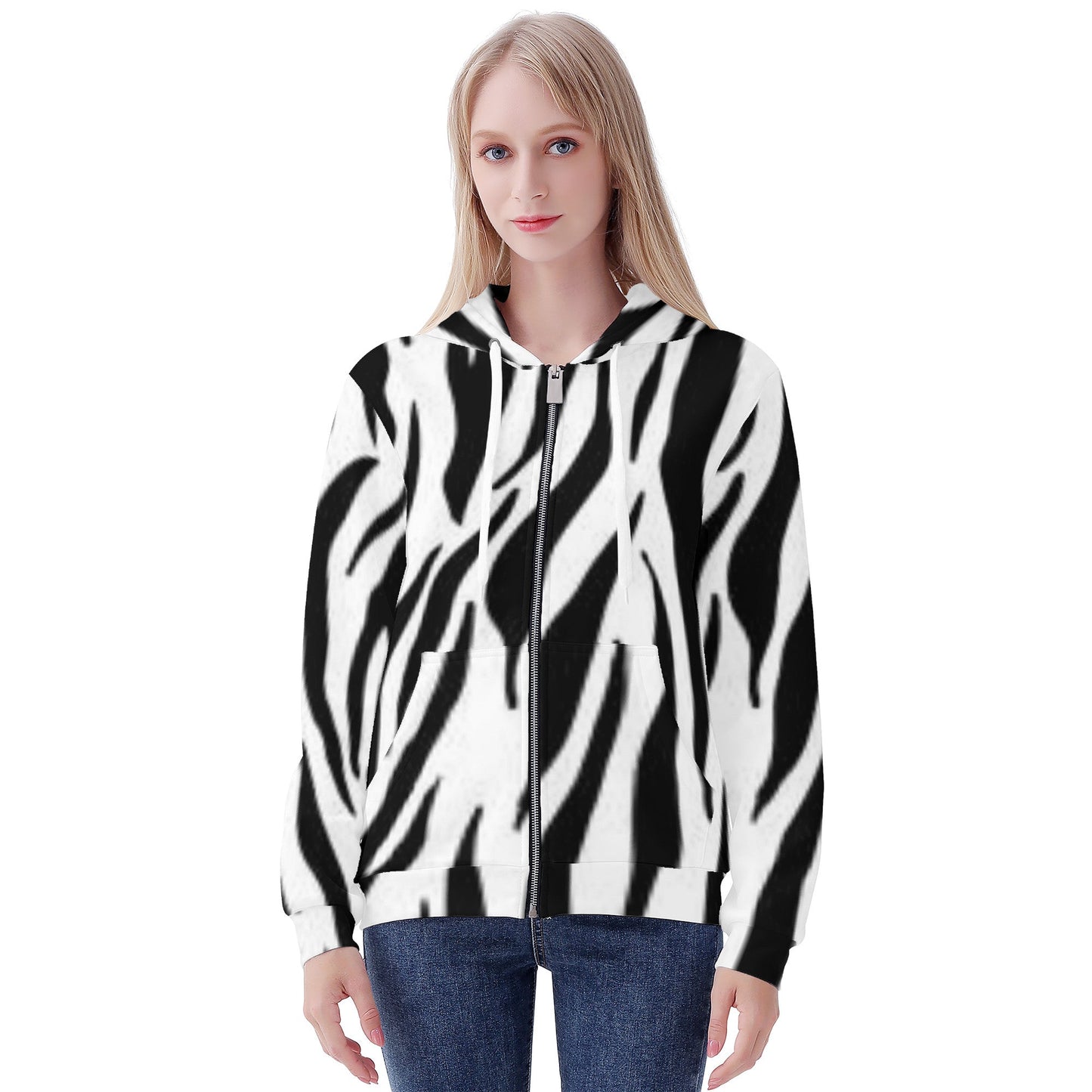 Women's All Over Print Zip Hoodie Tiger black and white Home-clothes-jewelry