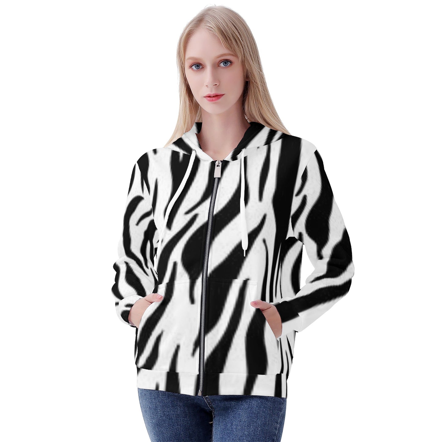 Women's All Over Print Zip Hoodie Tiger black and white Home-clothes-jewelry