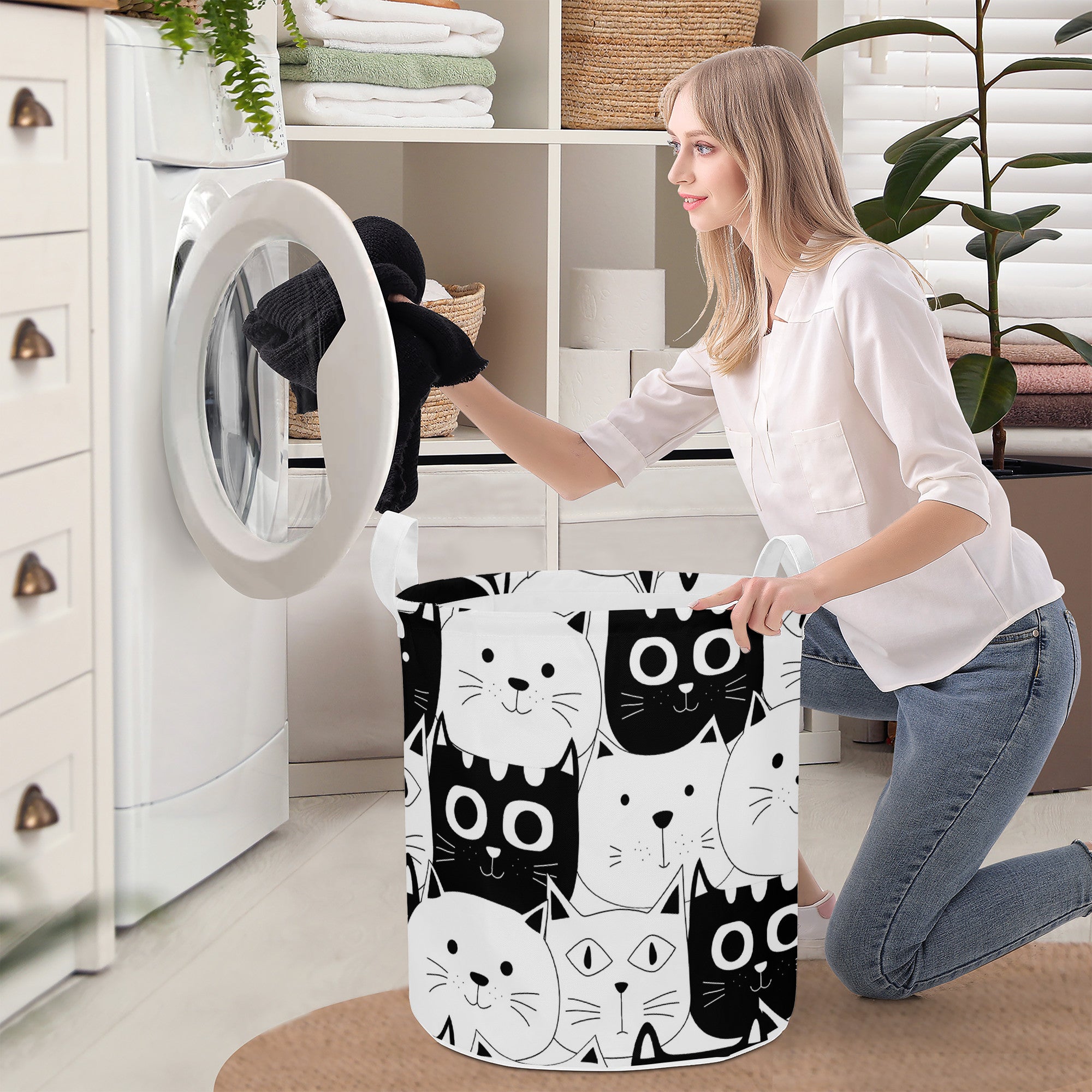 Round Laundry Basket Cats Black White