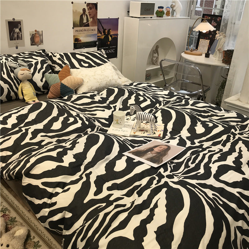 Zebra Pattern Bed Four-piece Set, Cotton Pure Cotton Duvet Cover, Black Three-piece Set Home-clothes-jewelry