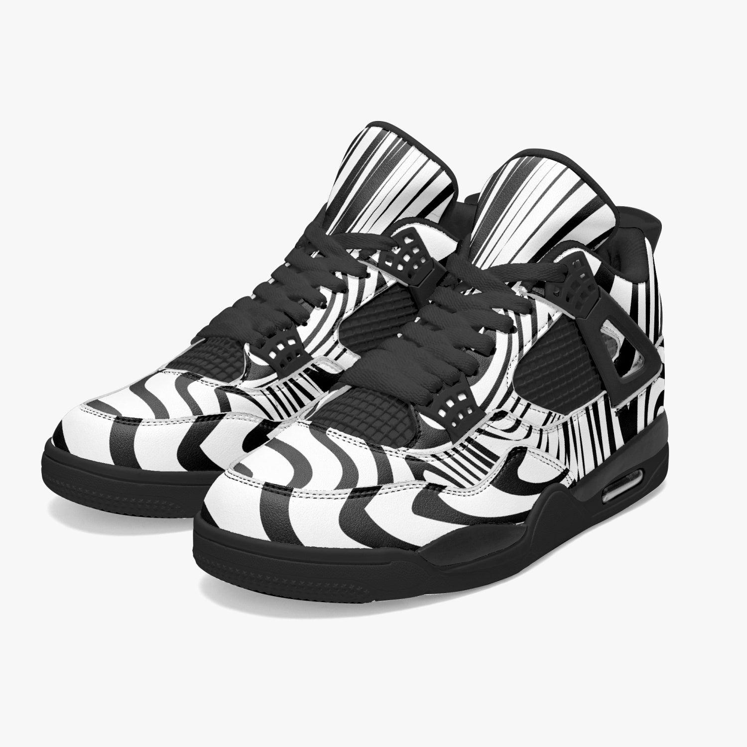 Elite Edition Abstract Black and White AJ4 Basketball Sneakers with Black Sole