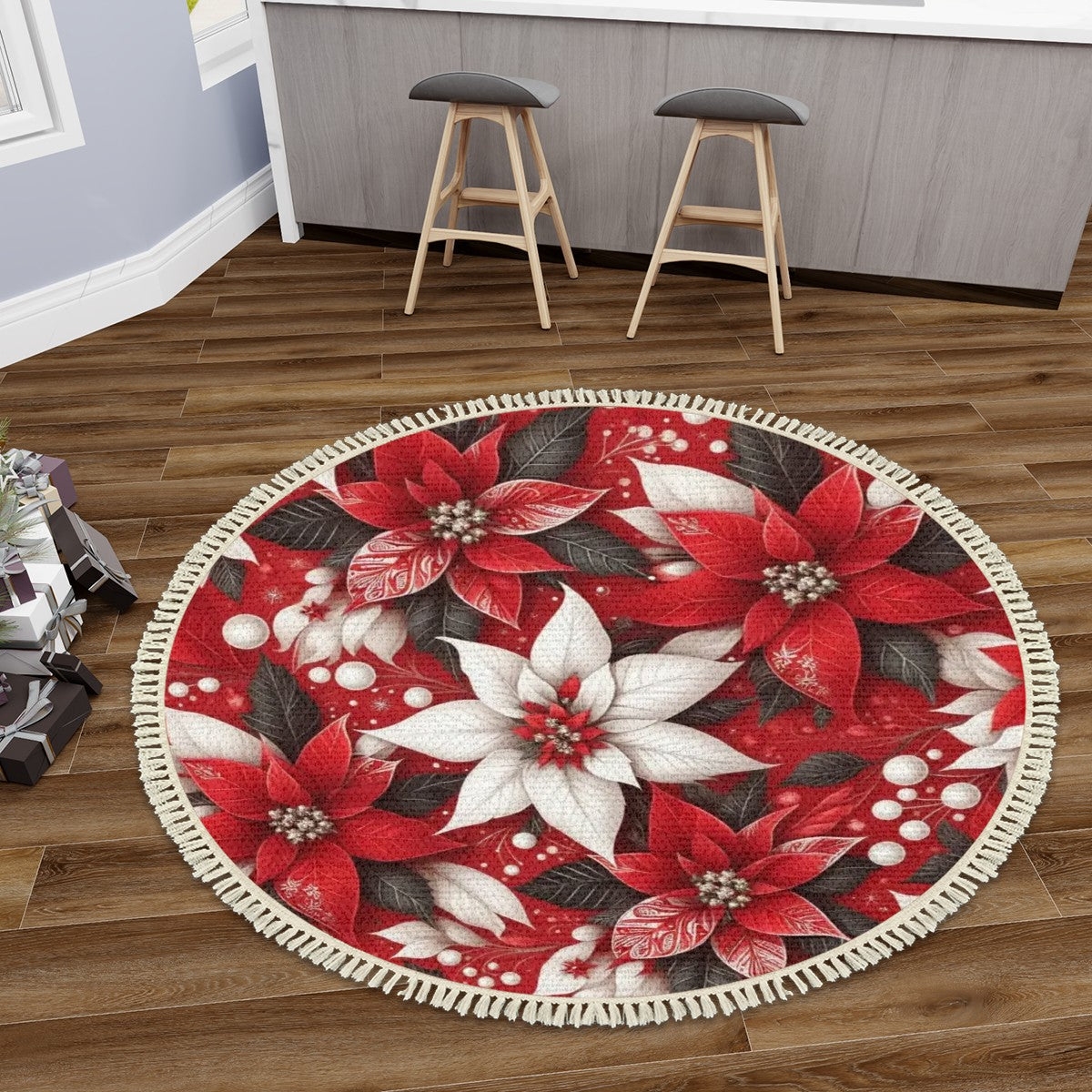 Multiple Sizes Round Area RugChristmas Poinsettia with Tassels