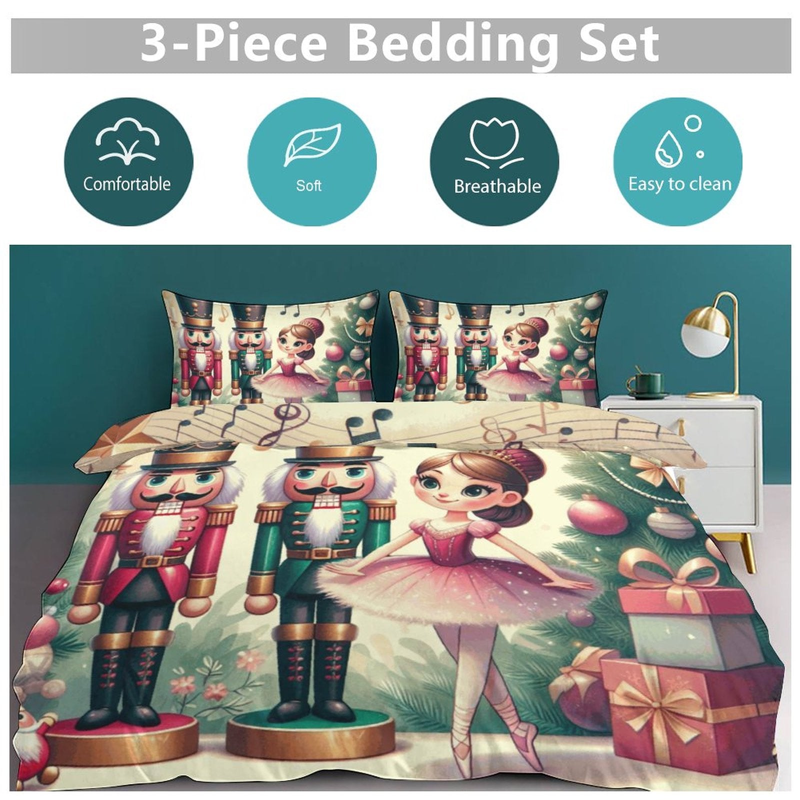 Christmas Nutrcackers 3-Piece Bedding Set-90&quot;x90&quot;/ 229x229cm (Dual-sided Printing)