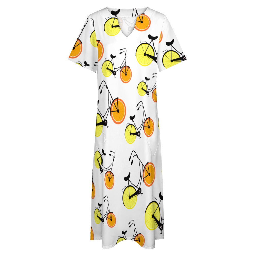 7-point sleeve dress White with orange and lemon bicycles