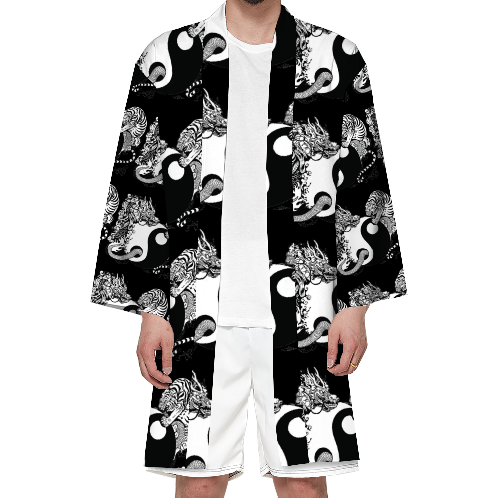 Unisex Beach Kimono for Summer, Tiger and Dragon black and white