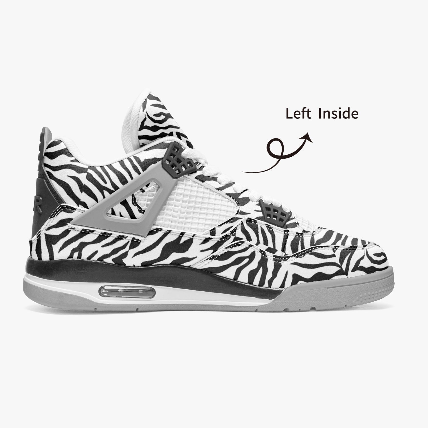 Unique AJ4 Basketball Sneakers with Zebra Print Accents and Grey Sole