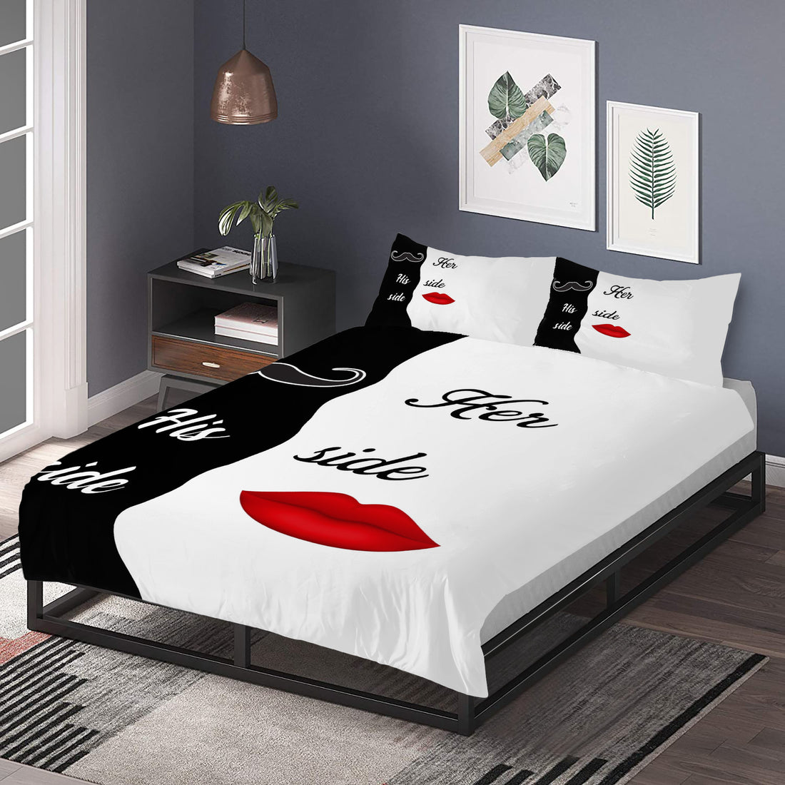 Bedding Her side, His side black and white funny decoration,lips and mustches