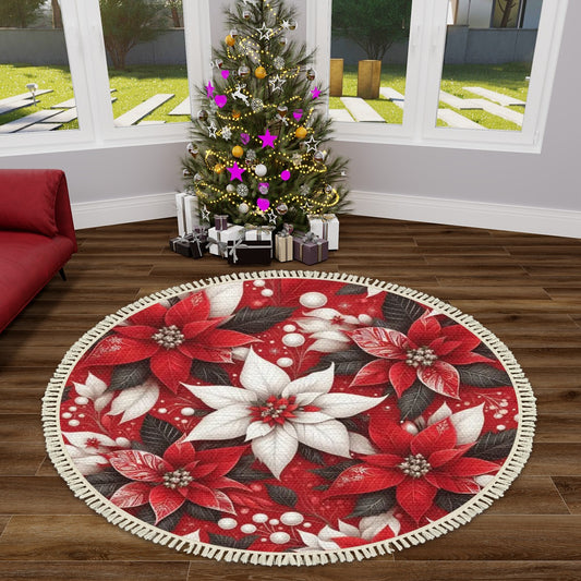 Multiple Sizes Round Area RugChristmas Poinsettia with Tassels