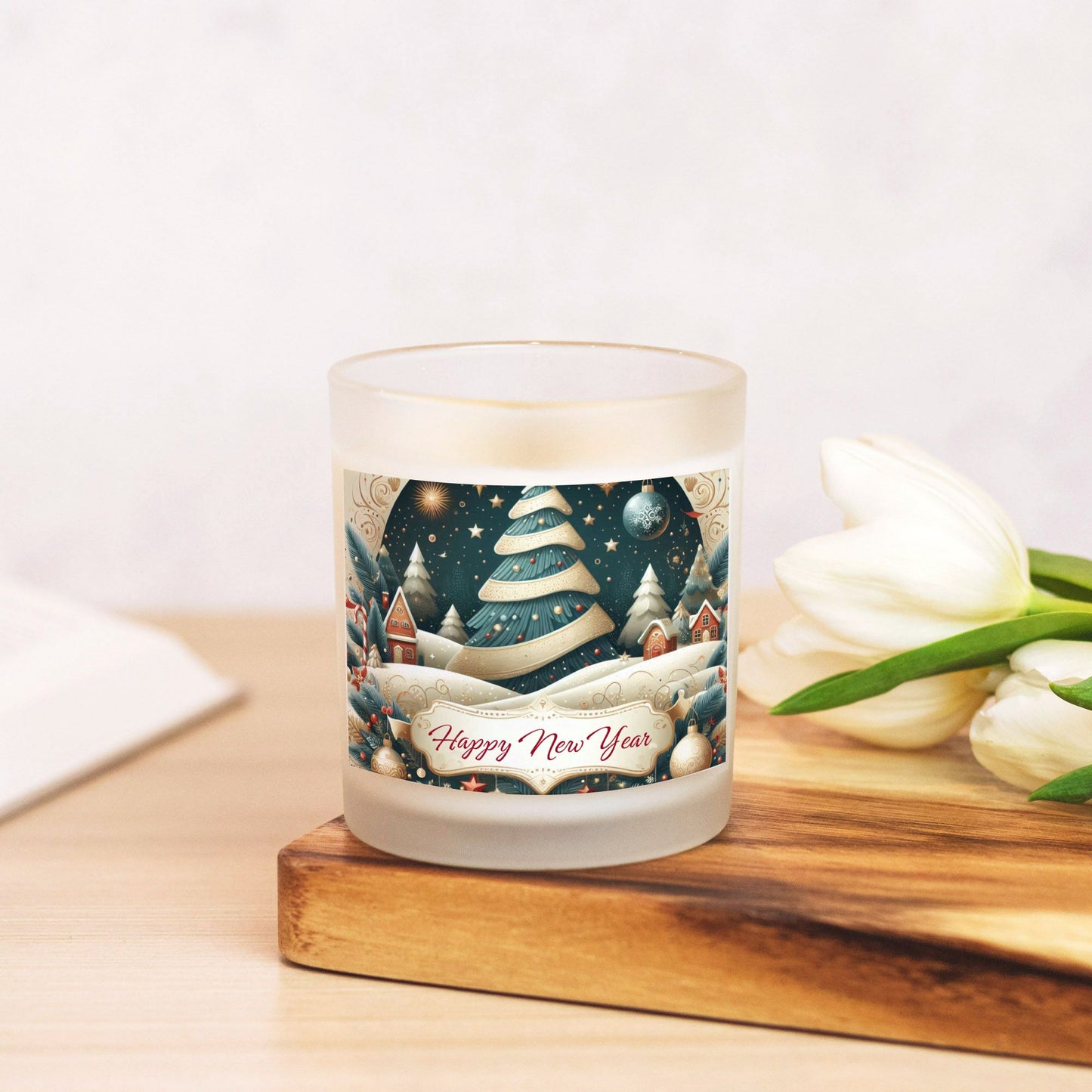 Happy New Year Candle Frosted Glass (Hand Poured 11 oz)