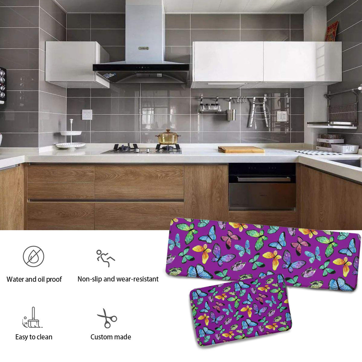 Two-piece L multifunctional kitchen mat butterflies | Flannel