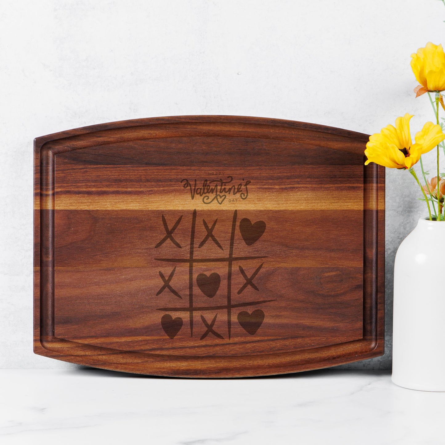 Happy Valentine's day Arched Wood Cutting Board with Groove - 12" x 9"