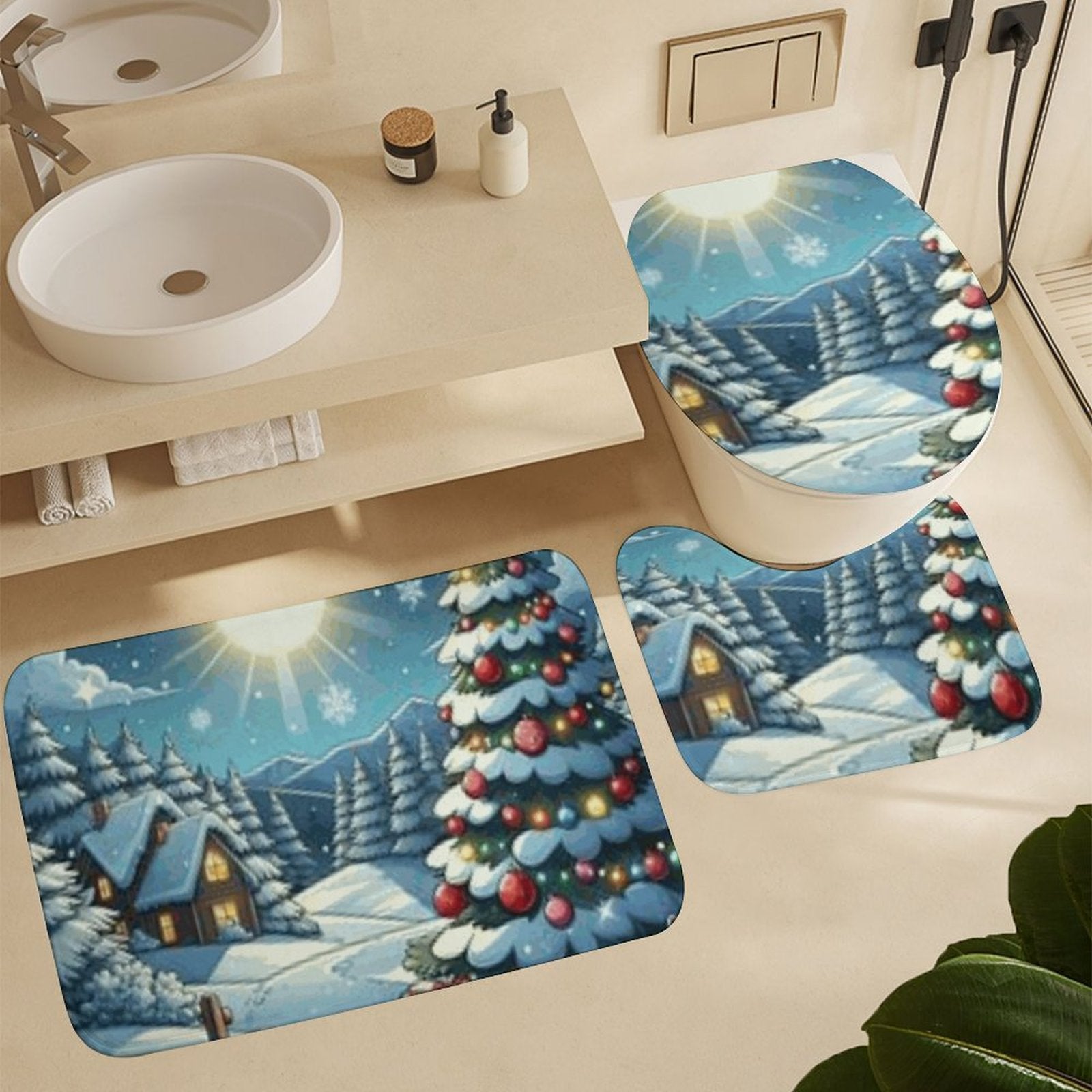 Shower Curtain Set with 3 Rugs