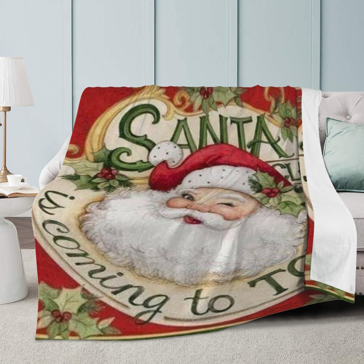 Cozy Dual-Sided Fleece Blanket Featuring Santa Claus Arrival.