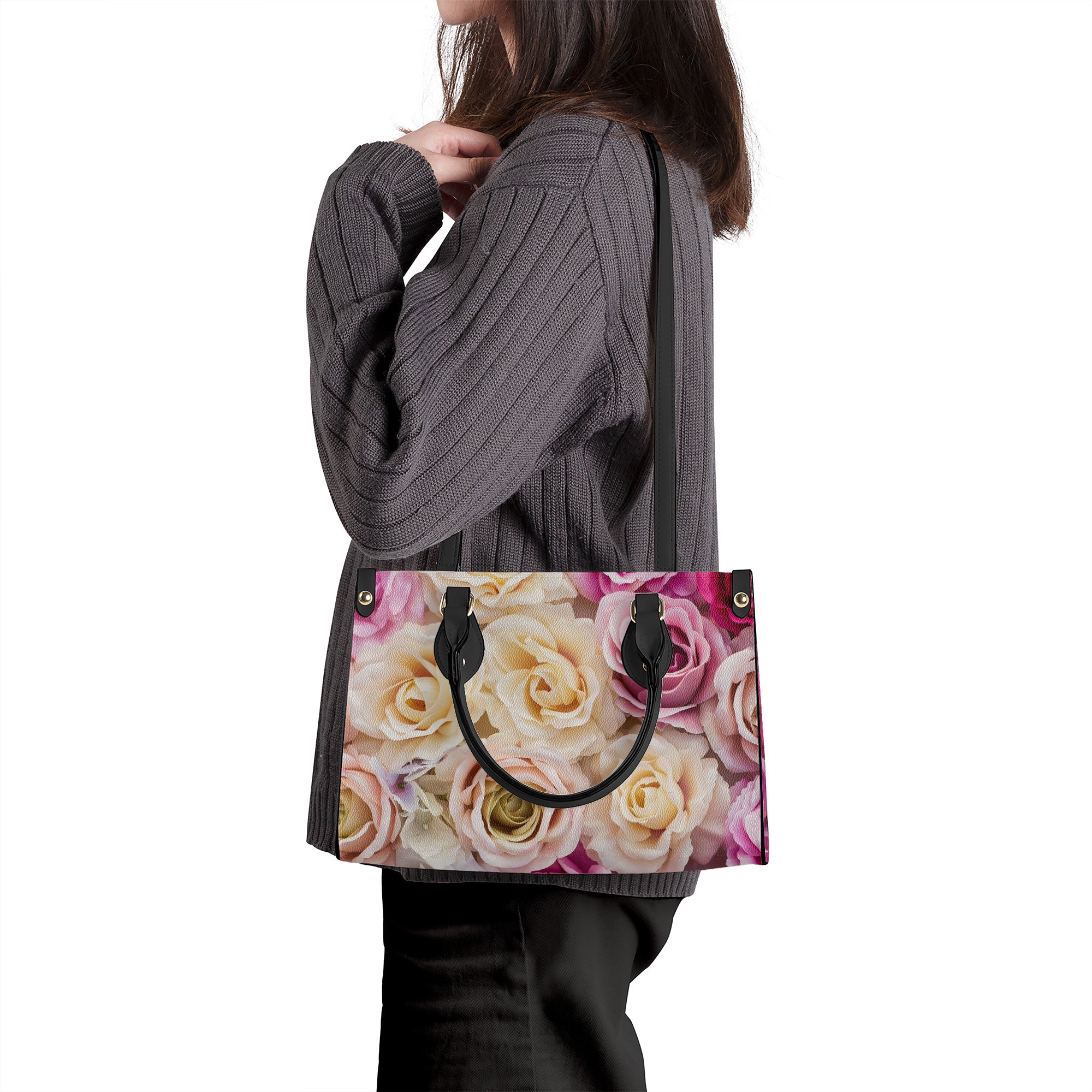 Luxury Women PU Tote Bag - Black with Roses