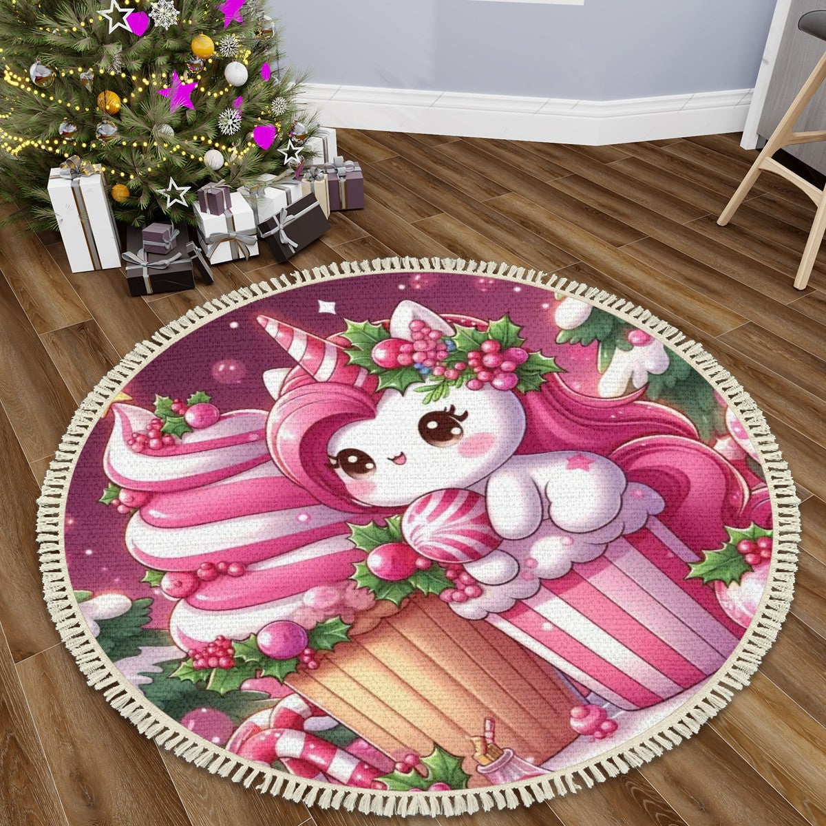 Multiple Sizes Round Area Rug with Tassels Christmas pink Unicorn