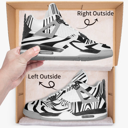 Elevate Your Style with Abstract Black and White AJ4 Basketball Sneakers - Grey Sole - Luxury Edition